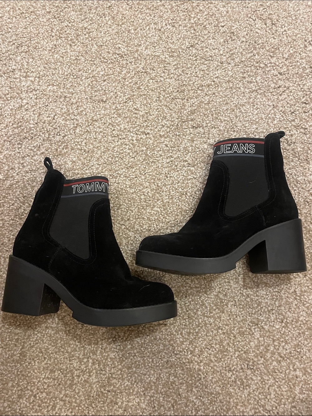 Tommy Hilfiger Black Suede Platform Chelsea Ankle Boots with Logo Trim